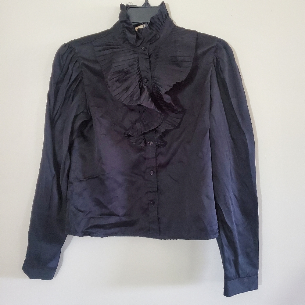 Vintage Black Satin Silky High Ruff Collar Blouse Ruffle Button Down Goth Small